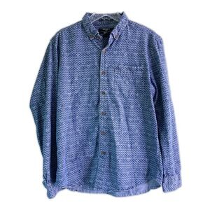 Forever 21 Men Classic Chambray Button Down Shirt Sz L Blue Geometric Triangles‎